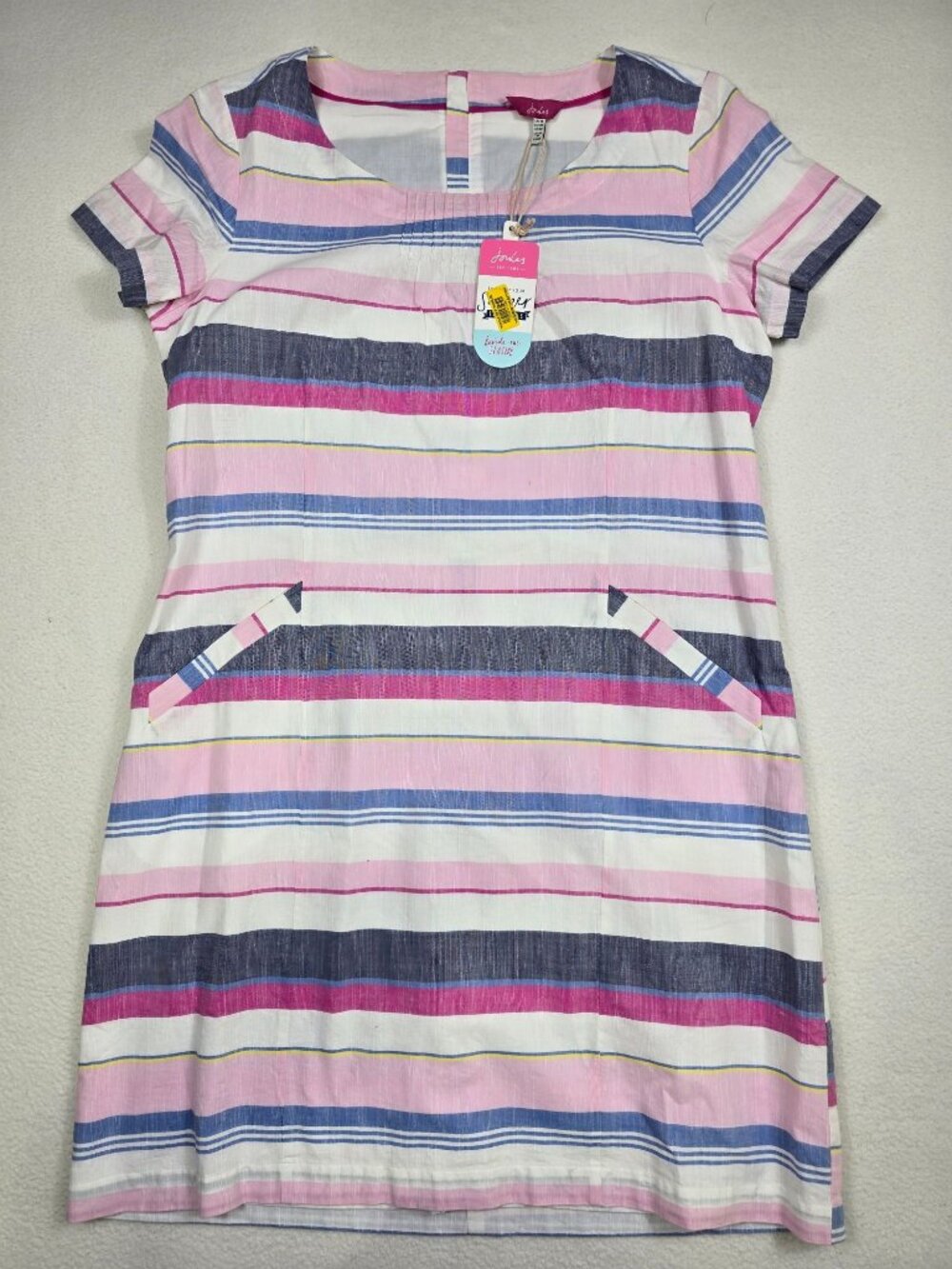 NEW Joules Womens 12 Striped Pink & Blue Short Sleeve Dress Cotton/Linen Blend